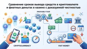 Иллюстрация сравнения скорости вывода криптовалюты и фиатных денег в онлайн-казино с доказуемой честностью