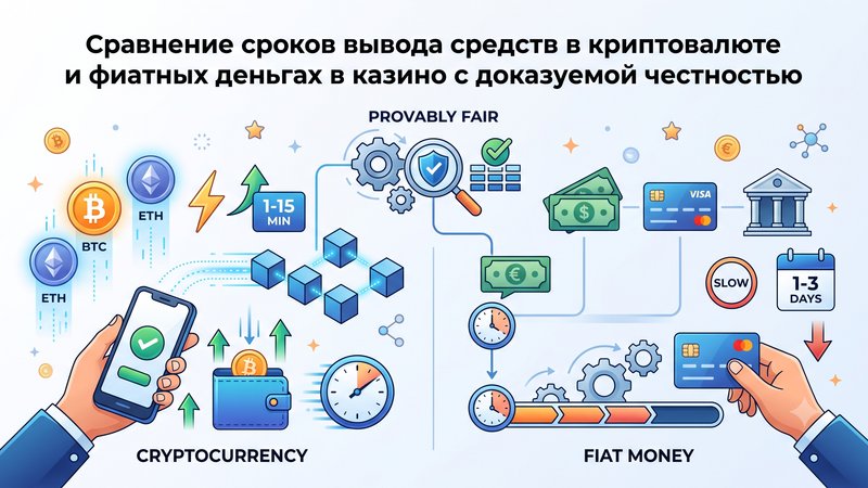 Иллюстрация сравнения скорости вывода криптовалюты и фиатных денег в онлайн-казино с доказуемой честностью